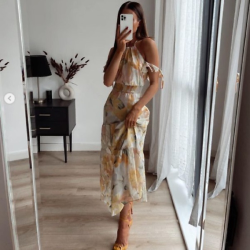 Zara Metallic Thread Floral Print Ruffle Dress NWT Size XL - Picture 2 of 16